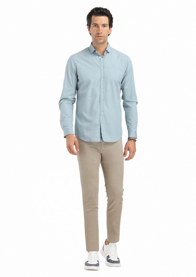 Blue Plain Regular Fit Long Weaving Casual 100% Cotton Shirt - 1