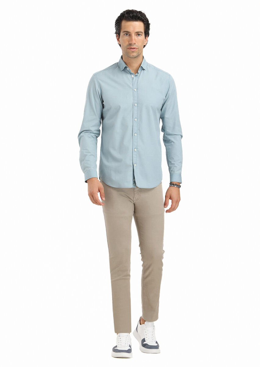 Blue Plain Regular Fit Long Weaving Casual 100% Cotton Shirt - 1