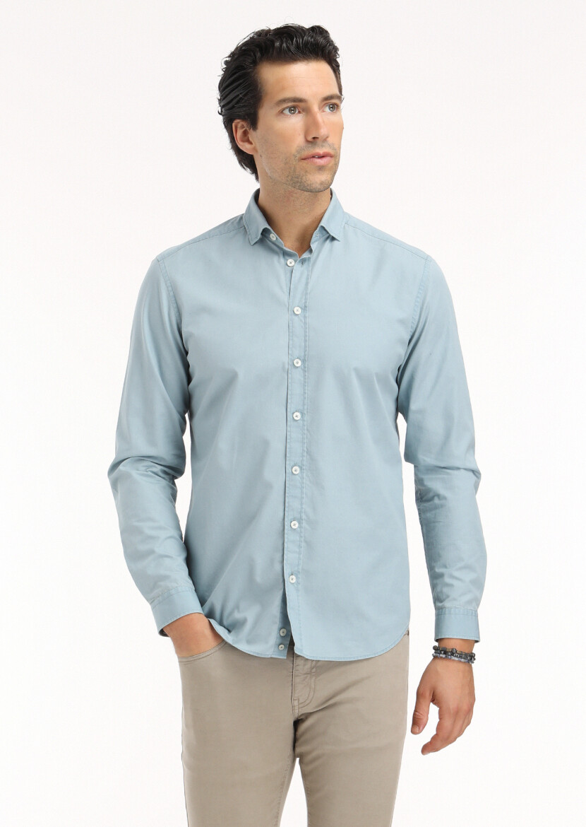 Blue Plain Regular Fit Long Weaving Casual 100% Cotton Shirt 