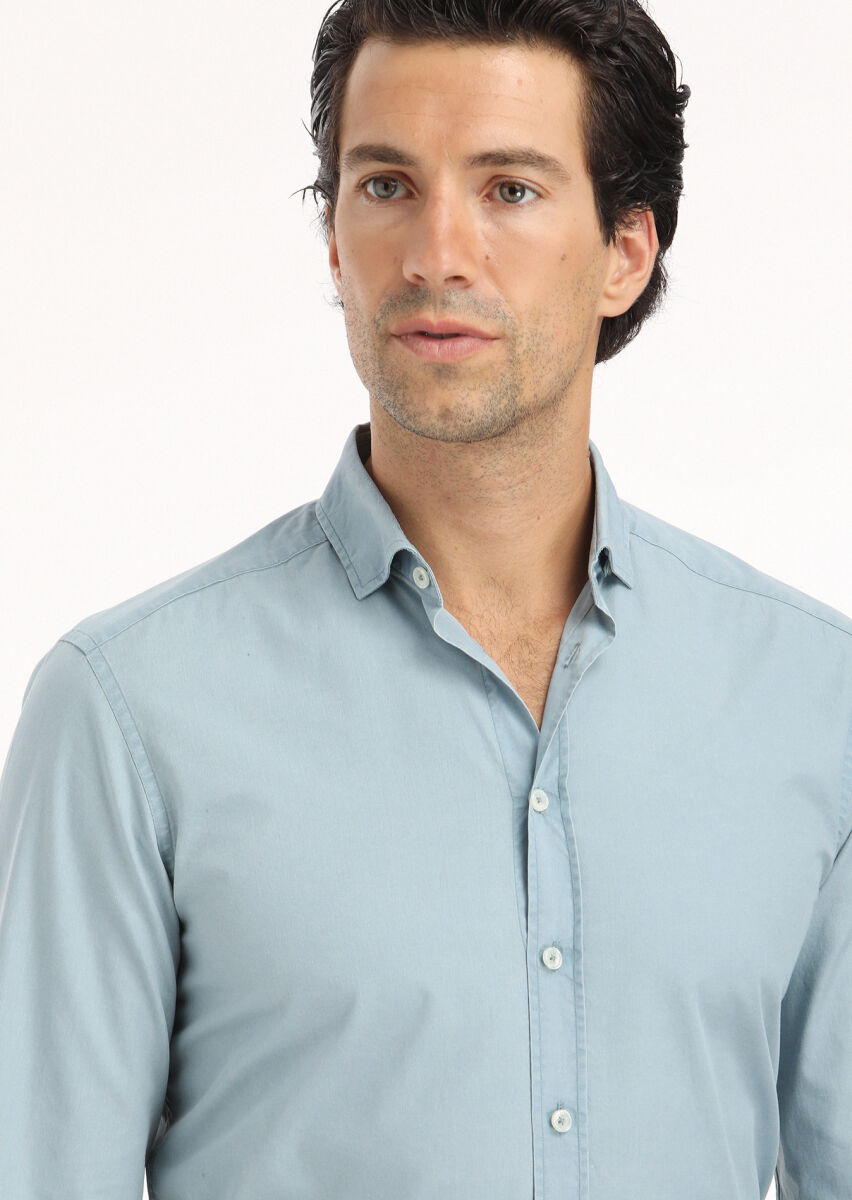 Blue Plain Regular Fit Long Weaving Casual 100% Cotton Shirt - 3