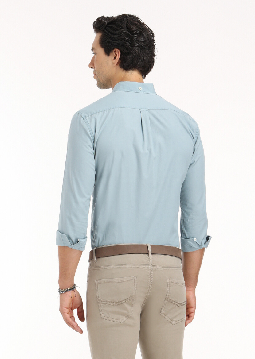 Blue Plain Regular Fit Long Weaving Casual 100% Cotton Shirt - 4