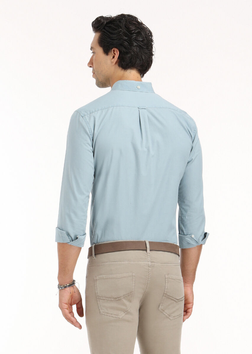 Blue Plain Regular Fit Long Weaving Casual 100% Cotton Shirt - 4