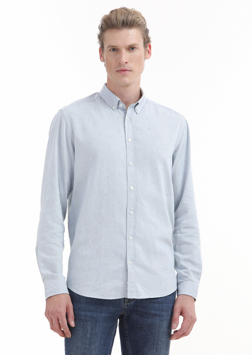 Blue Plain Regular Fit Long Weaving Casual 100% Cotton Shirt - 1