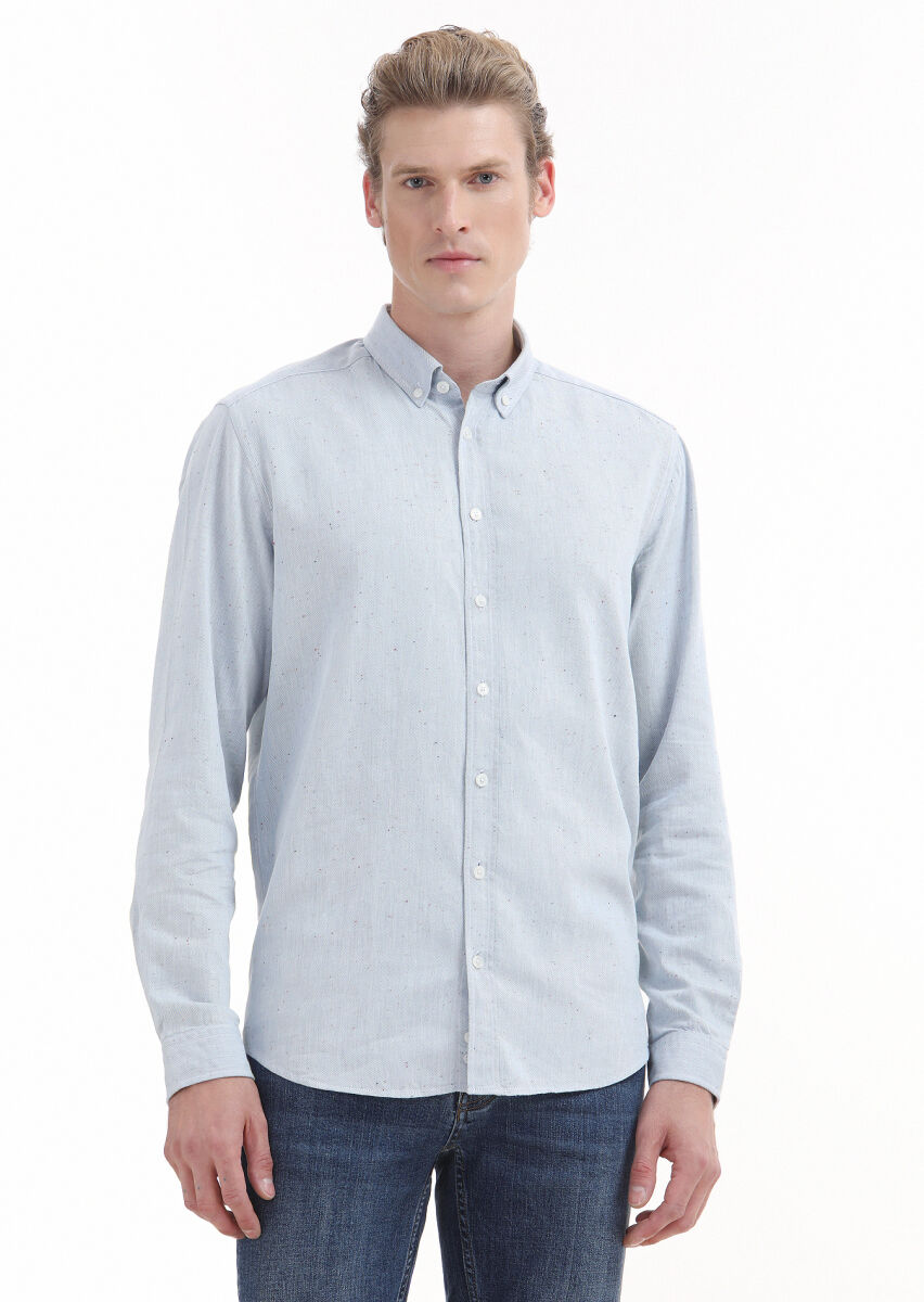 Blue Plain Regular Fit Long Weaving Casual 100% Cotton Shirt - 1