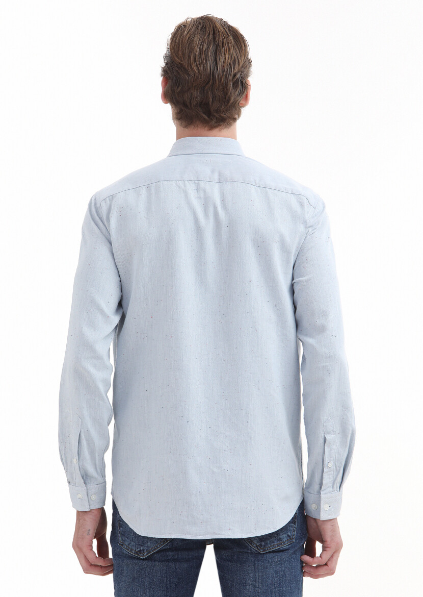 Blue Plain Regular Fit Long Weaving Casual 100% Cotton Shirt - 3