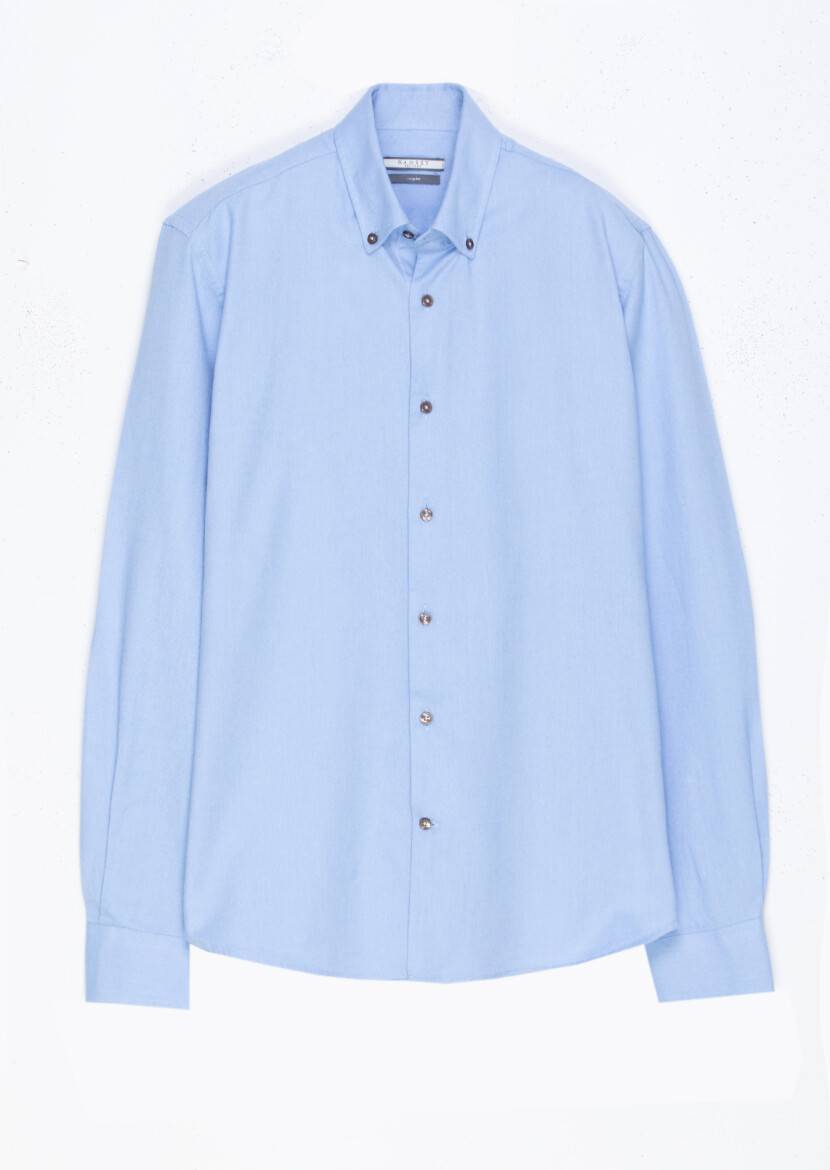 Blue Plain Regular Fit Long Weaving Casual 100% Cotton Shirt - 5