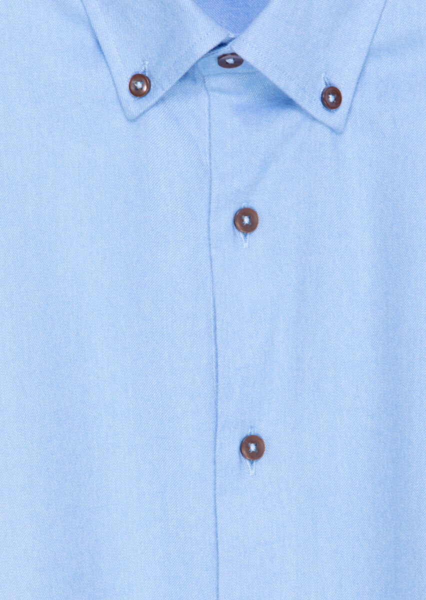 Blue Plain Regular Fit Long Weaving Casual 100% Cotton Shirt - 6