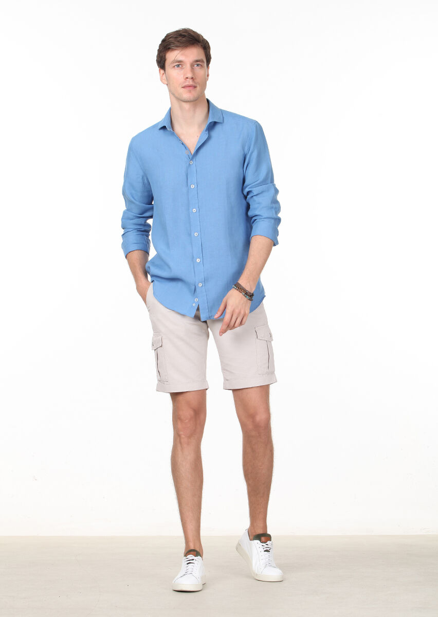 Blue Plain Regular Fit Long Weaving Casual Cotton Blended Shirt - 3