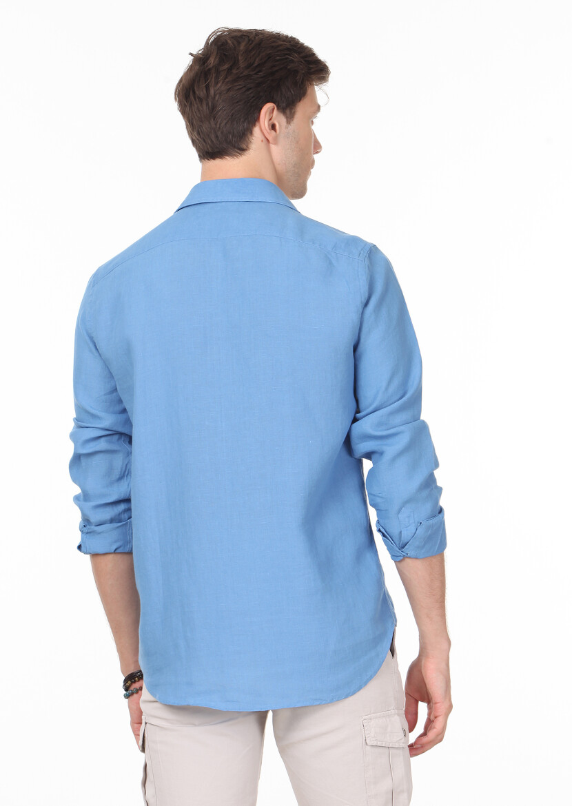 Blue Plain Regular Fit Long Weaving Casual Cotton Blended Shirt - 4