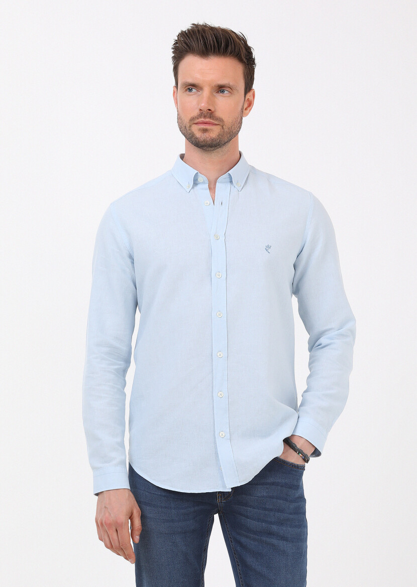 Blue Plain Regular Fit Long Weaving Casual Cotton Blended Shirt - 1