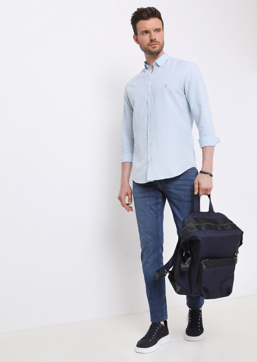 Blue Plain Regular Fit Long Weaving Casual Cotton Blended Shirt - 2
