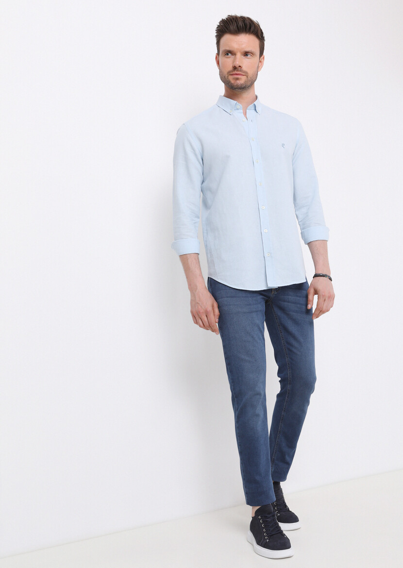 Blue Plain Regular Fit Long Weaving Casual Cotton Blended Shirt - 3