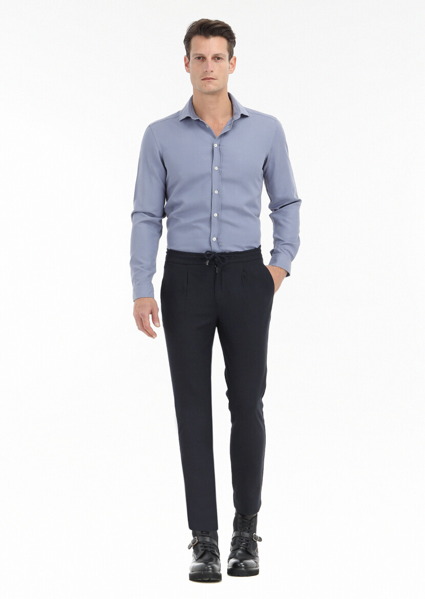 Blue Plain Regular Fit Long Weaving Casual Cotton Blended Shirt - 1