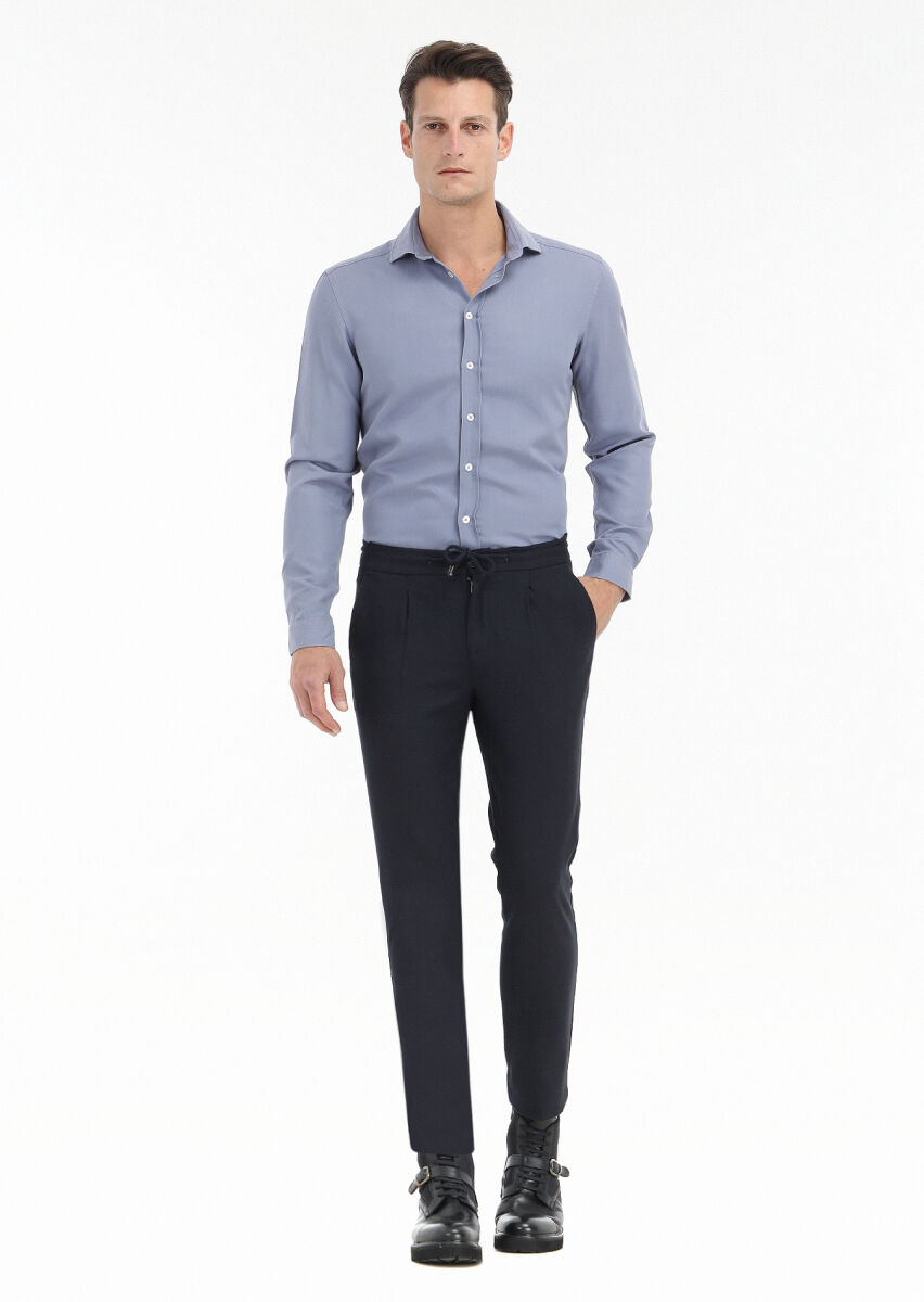 Blue Plain Regular Fit Long Weaving Casual Cotton Blended Shirt - 1