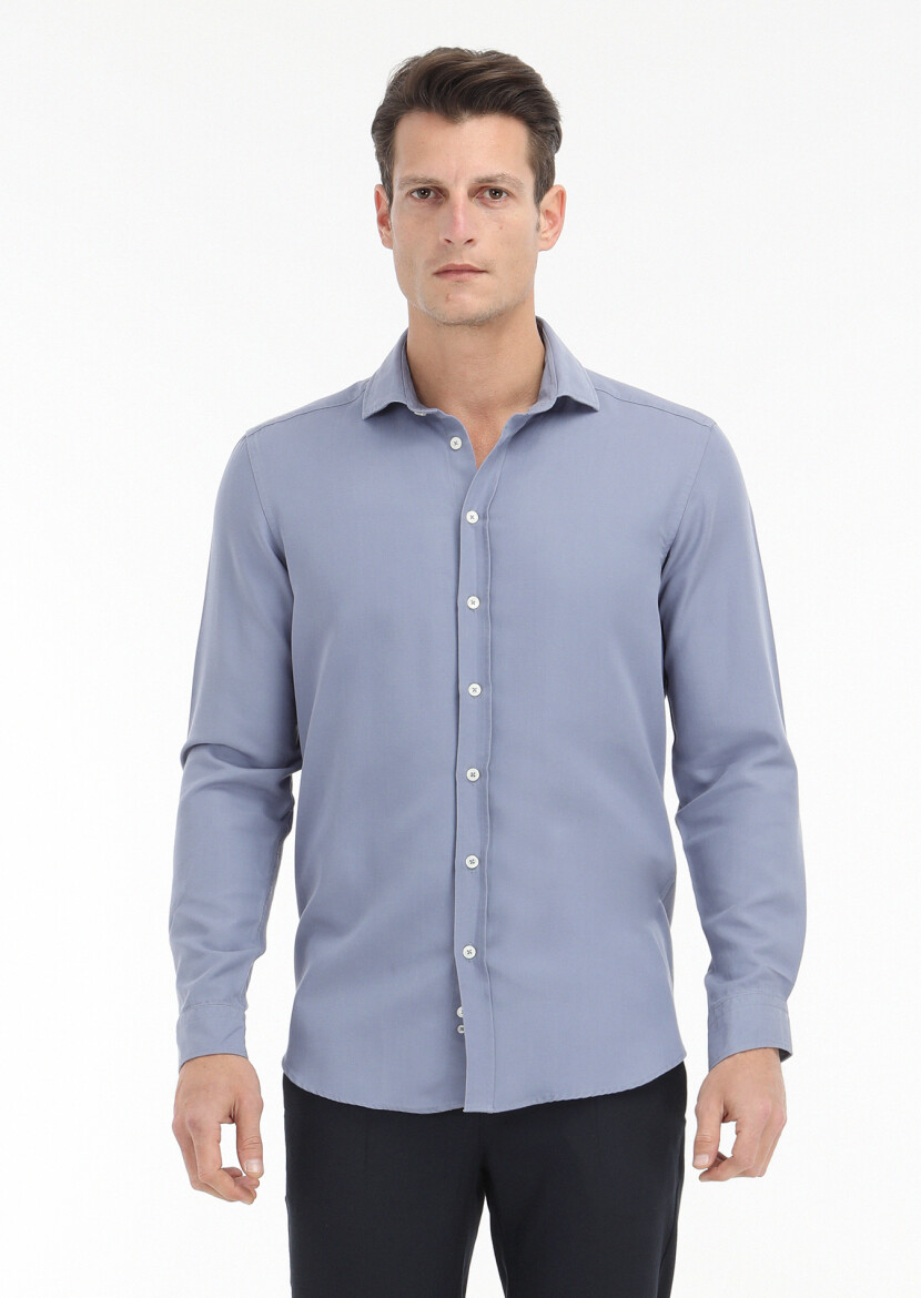 Blue Plain Regular Fit Long Weaving Casual Cotton Blended Shirt - 2