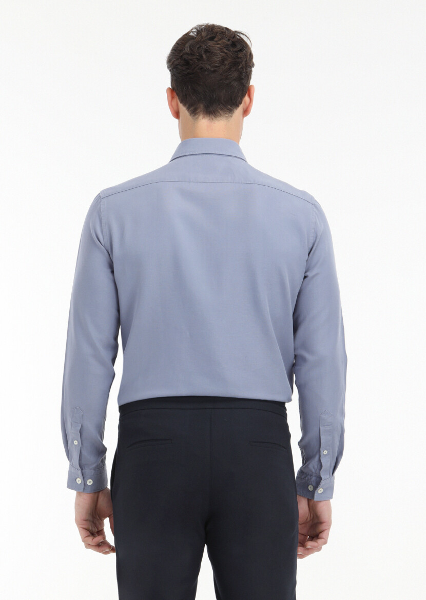 Blue Plain Regular Fit Long Weaving Casual Cotton Blended Shirt - 4