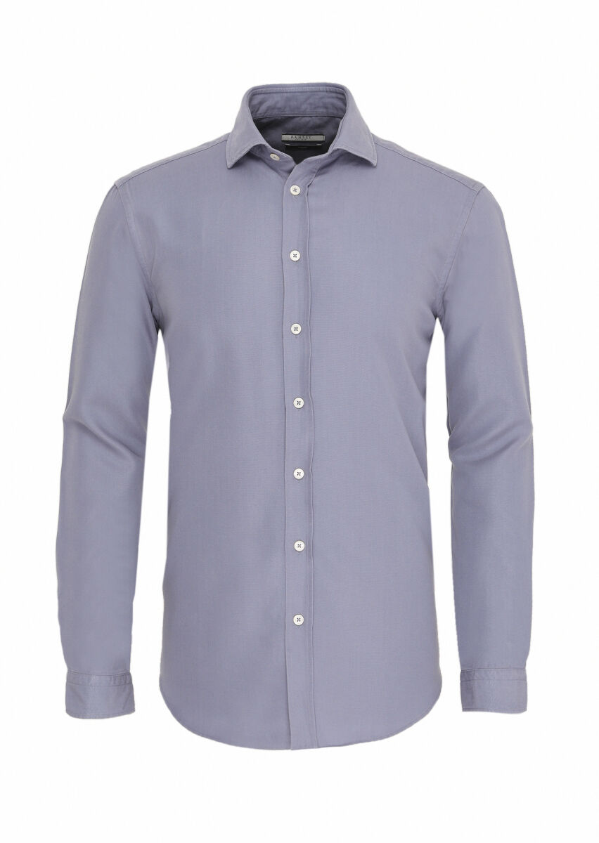 Blue Plain Regular Fit Long Weaving Casual Cotton Blended Shirt - 5