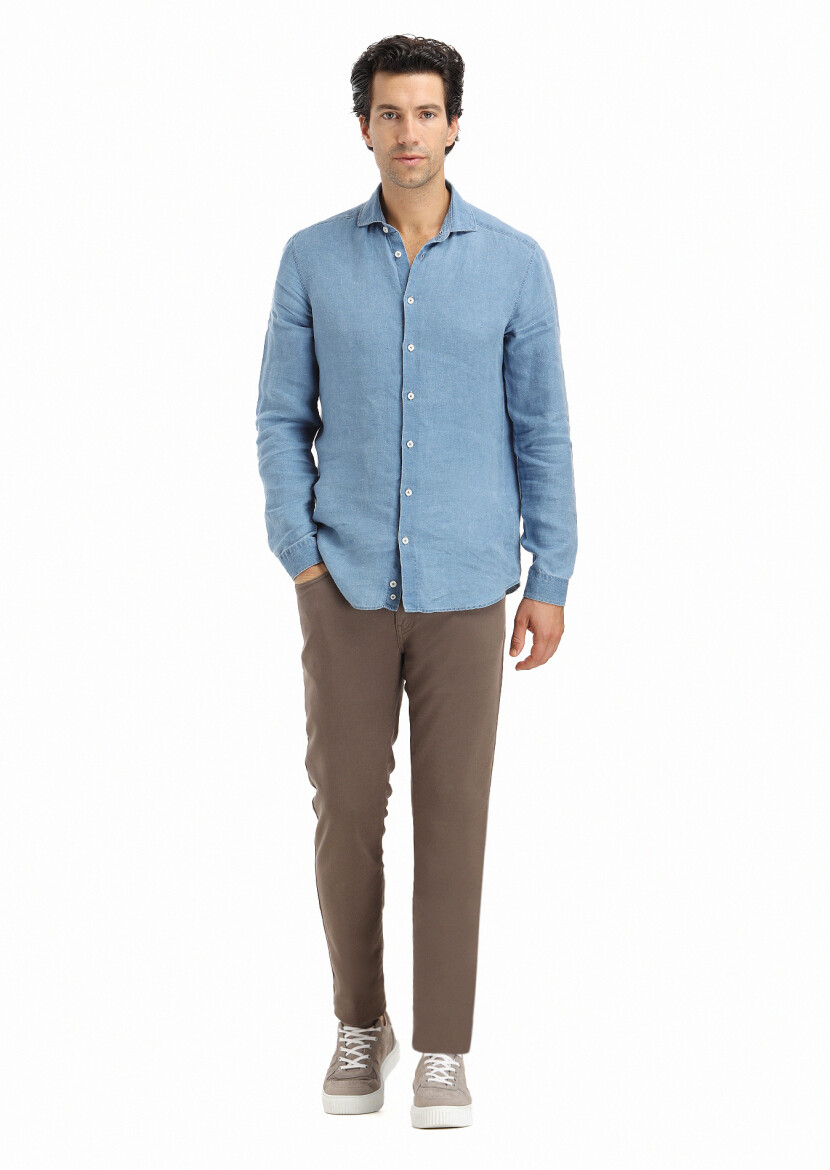 Blue Plain Regular Fit Long Weaving Casual Shirt - 1