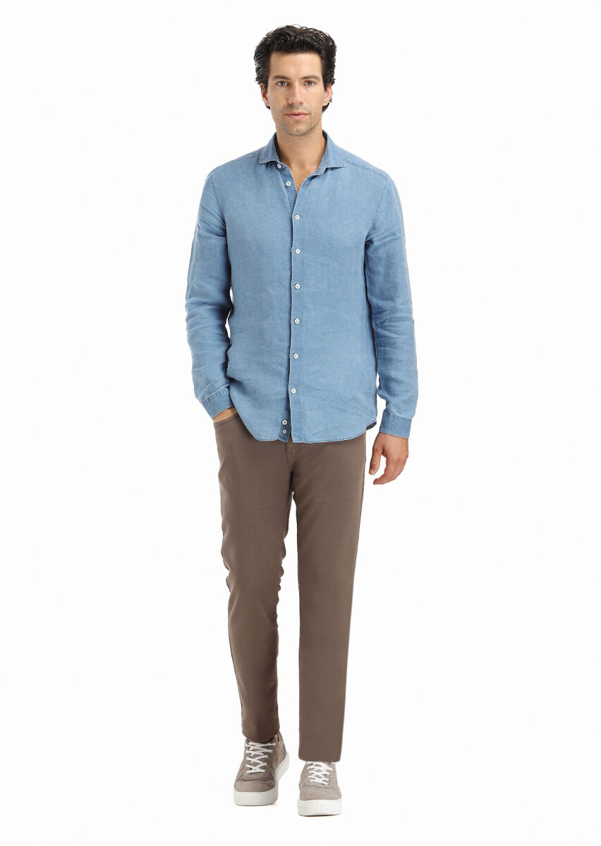 Blue Plain Regular Fit Long Weaving Casual Shirt - 1