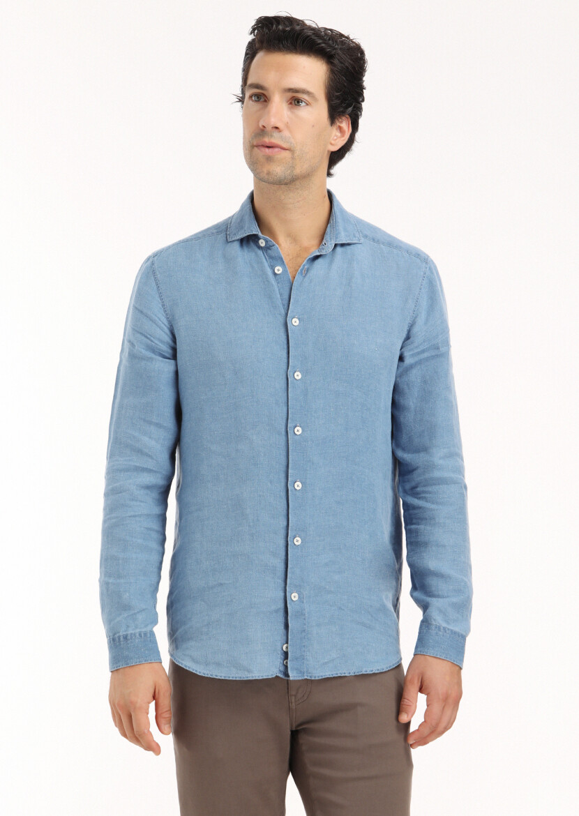 Blue Plain Regular Fit Long Weaving Casual Shirt - 2