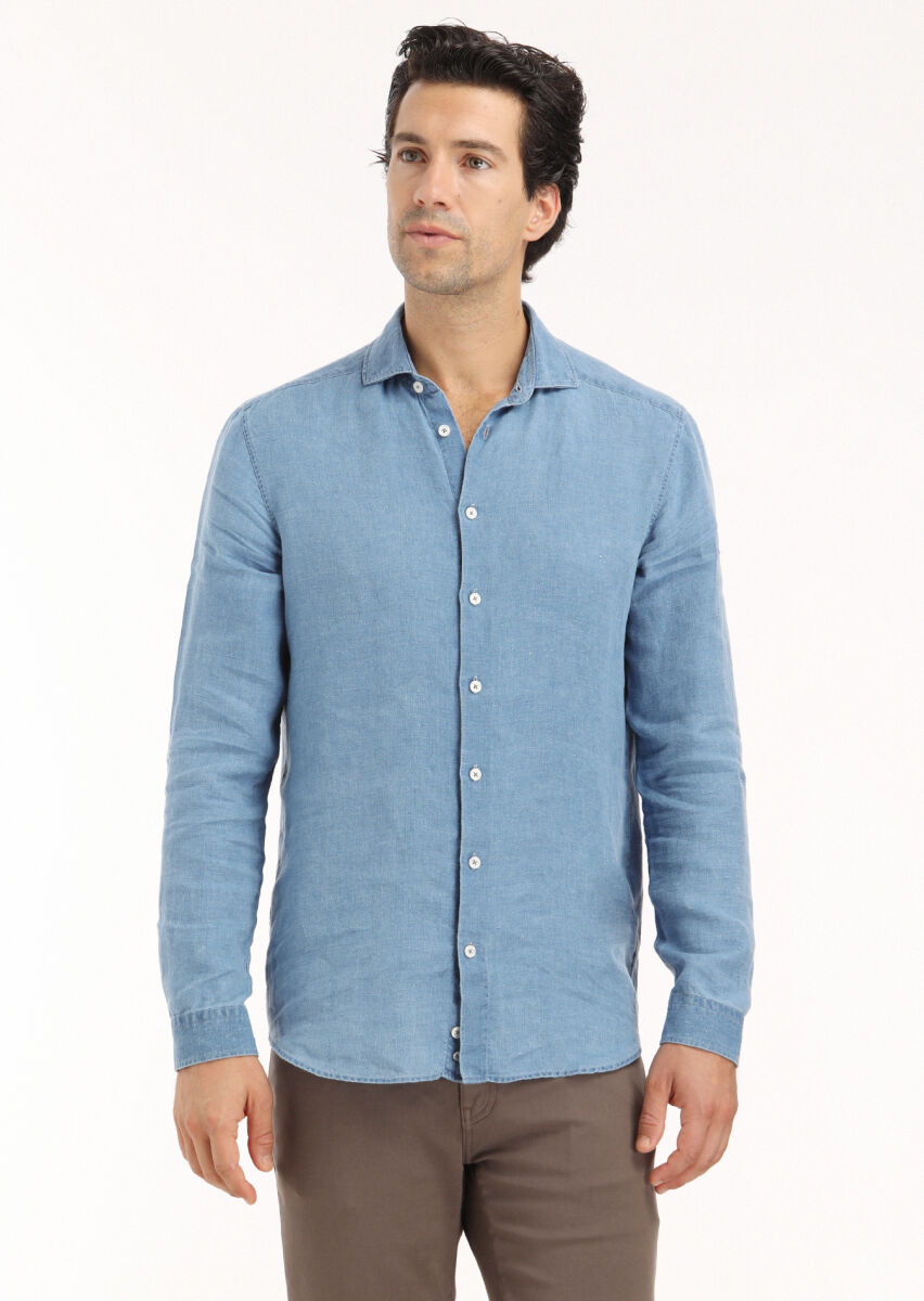 Blue Plain Regular Fit Long Weaving Casual Shirt - 2