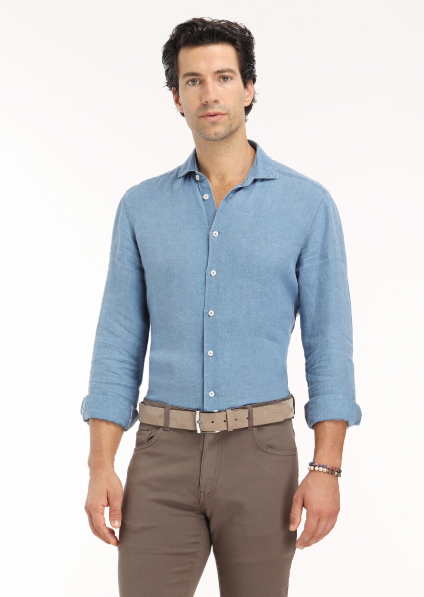 Blue Plain Regular Fit Long Weaving Casual Shirt - 3
