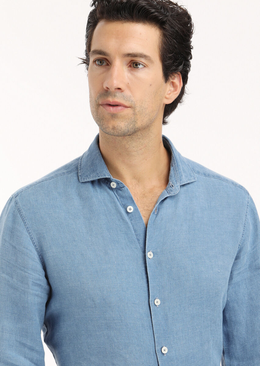 Blue Plain Regular Fit Long Weaving Casual Shirt - 4