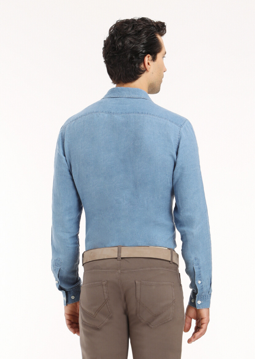 Blue Plain Regular Fit Long Weaving Casual Shirt - 6