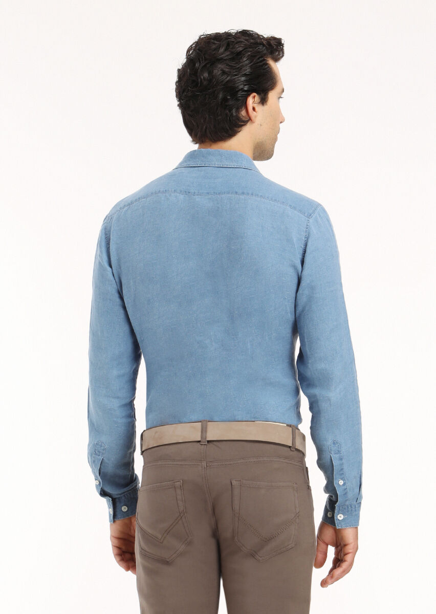 Blue Plain Regular Fit Long Weaving Casual Shirt - 6