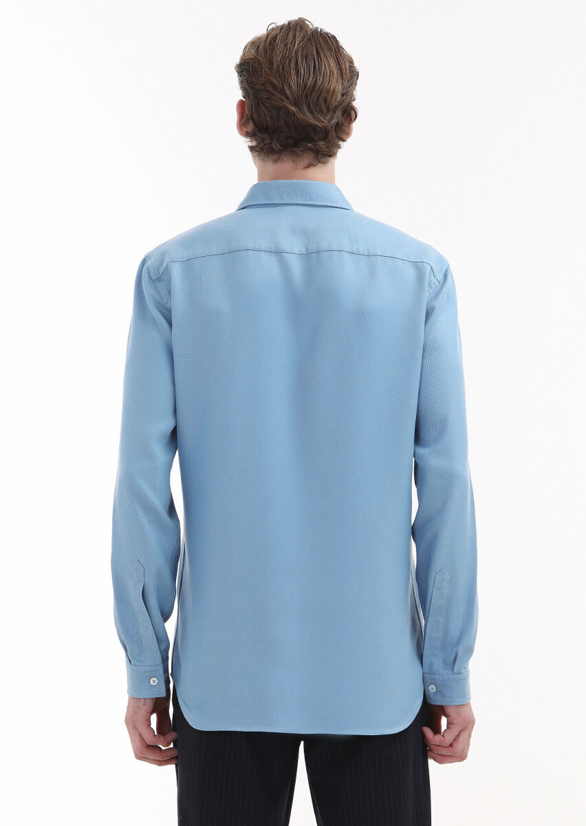 Blue Plain Regular Fit Long Weaving Casual Shirt - 3