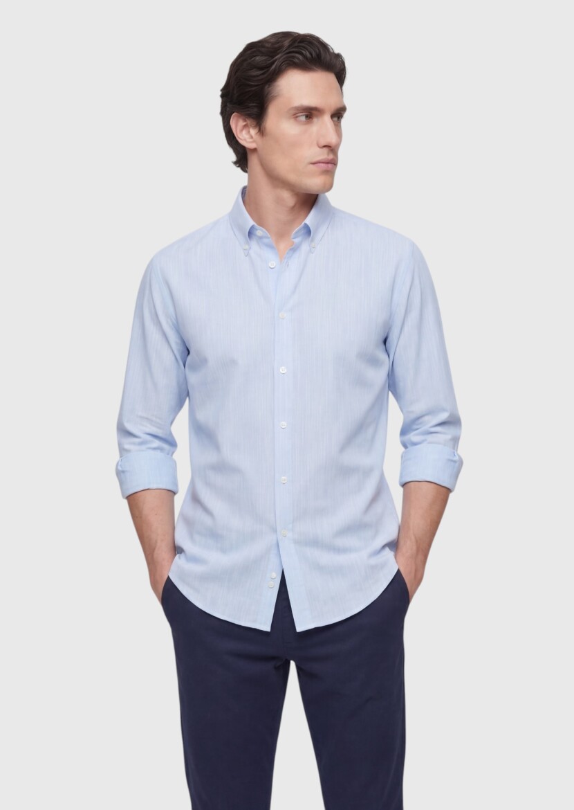 Blue Plain Regular Fit Long Weaving Casual Silk Blended Shirt - RAMSEY