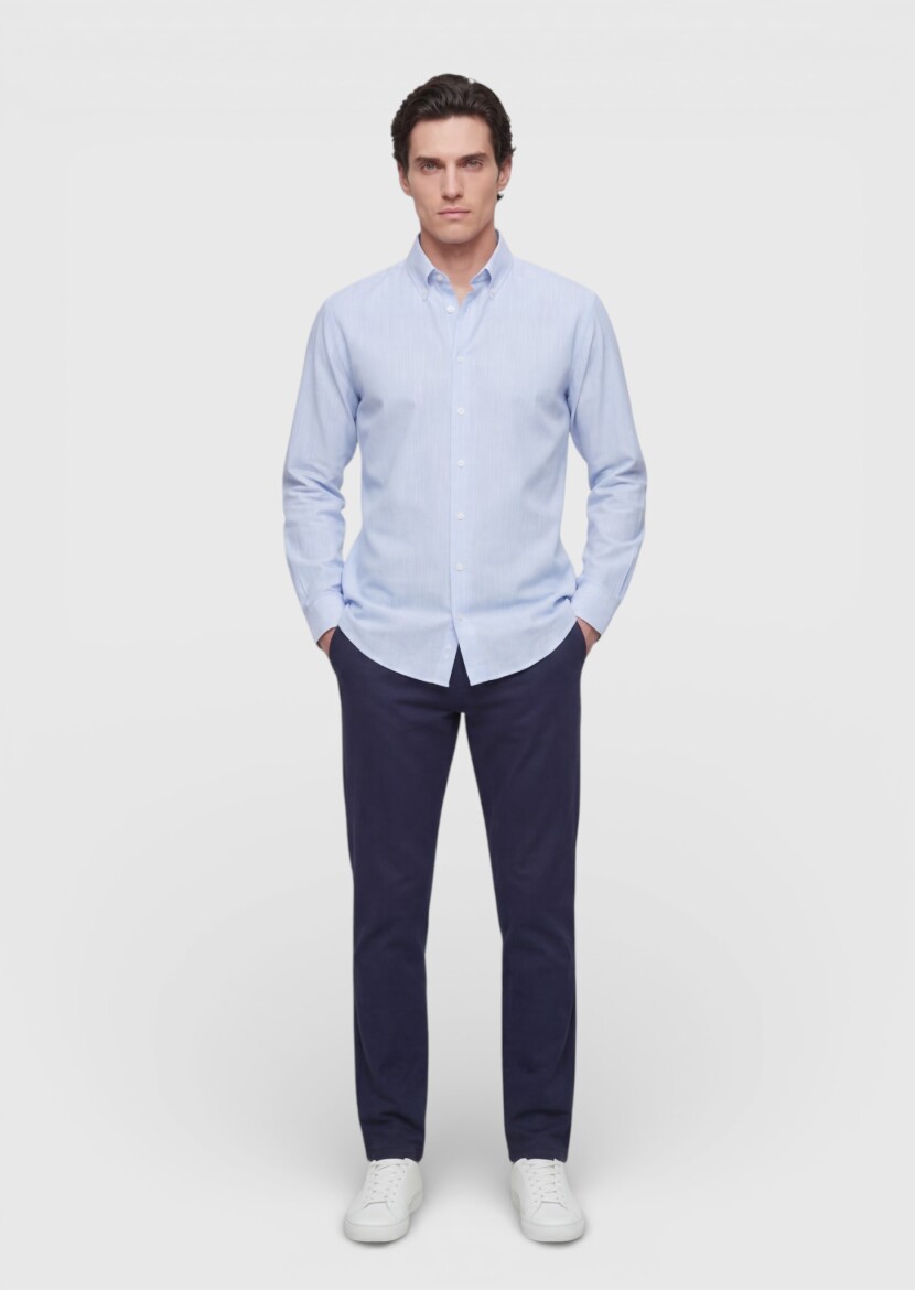 Blue Plain Regular Fit Long Weaving Casual Silk Blended Shirt - RAMSEY