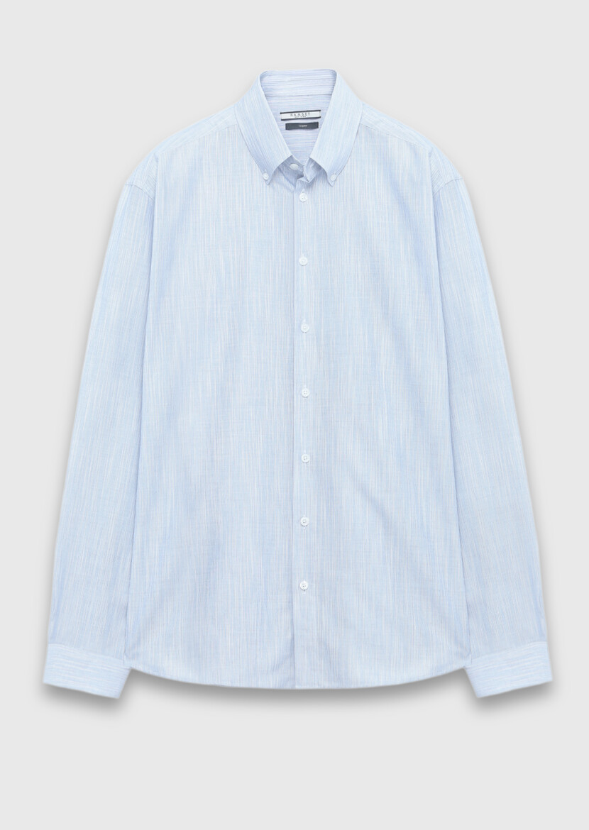 Blue Plain Regular Fit Long Weaving Casual Silk Blended Shirt - 5