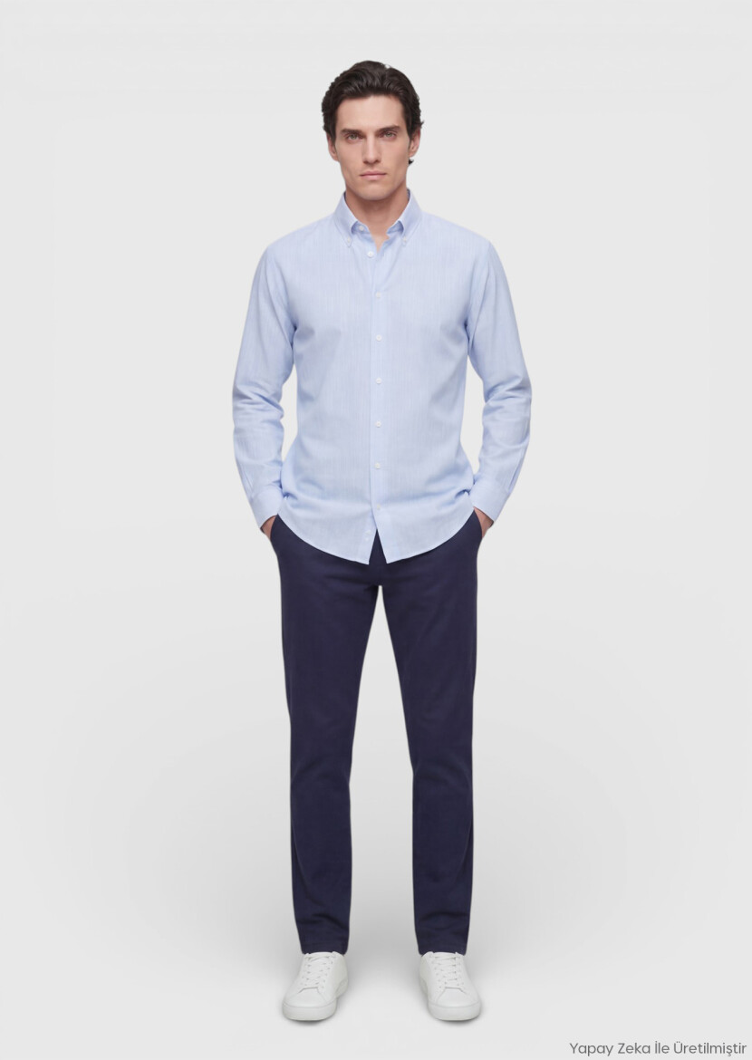 Blue Plain Regular Fit Long Weaving Casual Silk Blended Shirt - RAMSEY