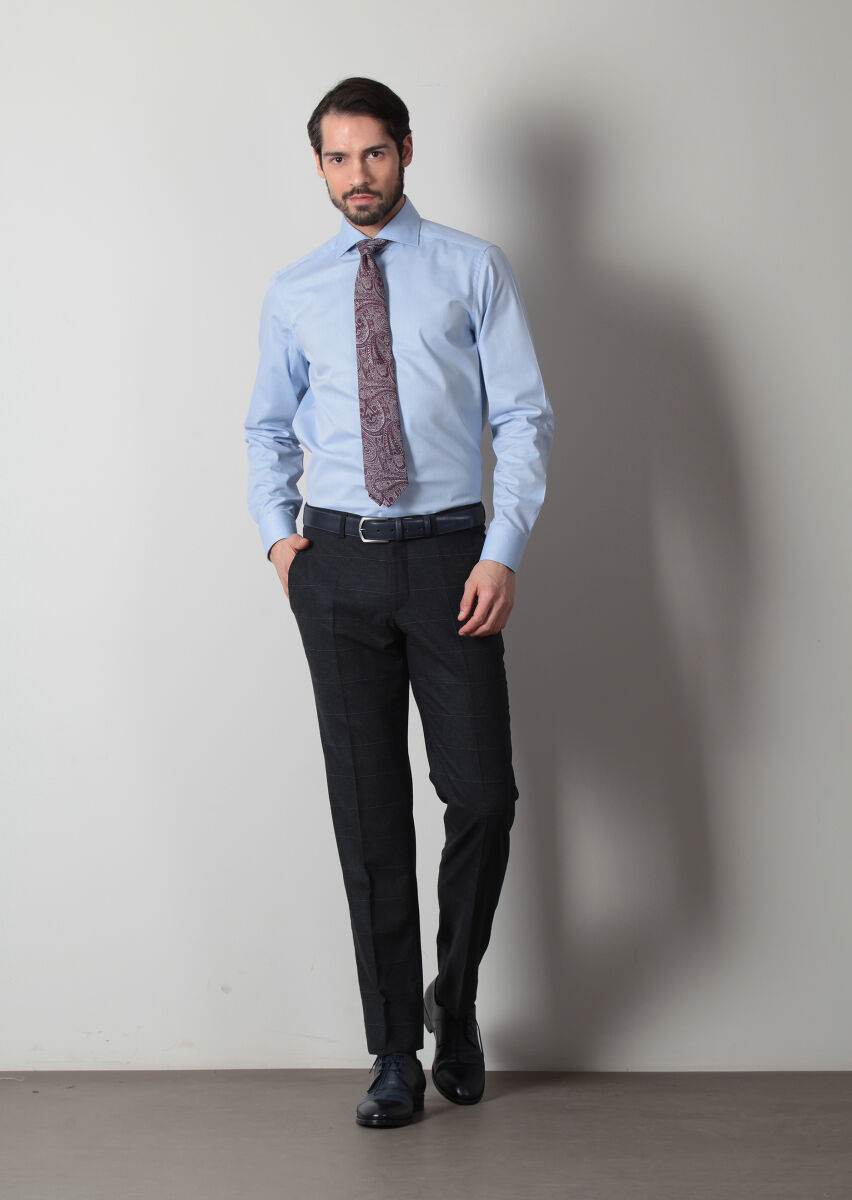 Blue Plain Regular Fit Long Weaving Classical 100% Cotton Shirt - 1