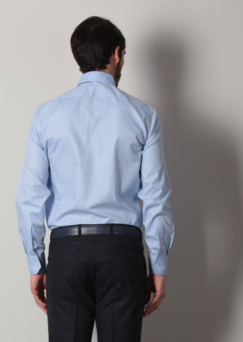 Blue Plain Regular Fit Long Weaving Classical 100% Cotton Shirt - 5