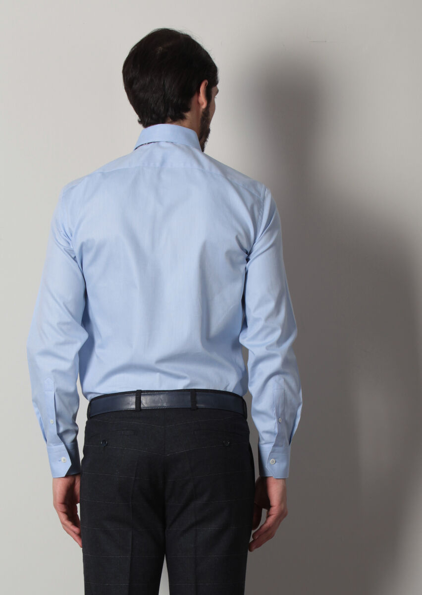 Blue Plain Regular Fit Long Weaving Classical 100% Cotton Shirt - 5