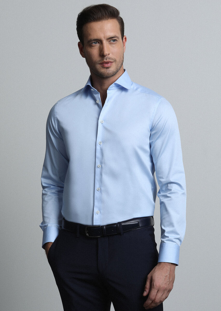 Blue Plain Regular Fit Long Weaving Classical 100% Cotton Shirt - 3