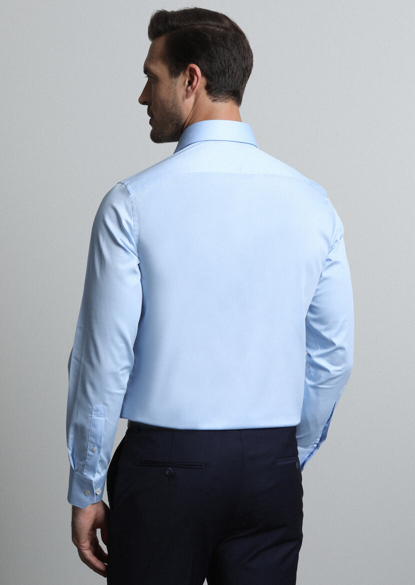 Blue Plain Regular Fit Long Weaving Classical 100% Cotton Shirt - 5