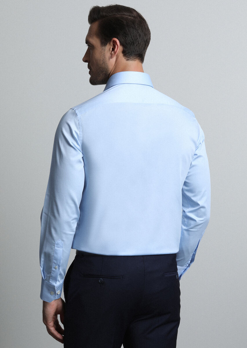 Blue Plain Regular Fit Long Weaving Classical 100% Cotton Shirt - 5