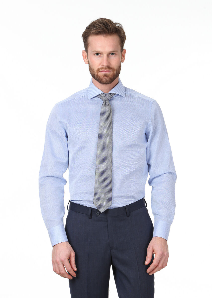 Blue Plain Regular Fit Long Weaving Classical 100% Cotton Shirt - 1