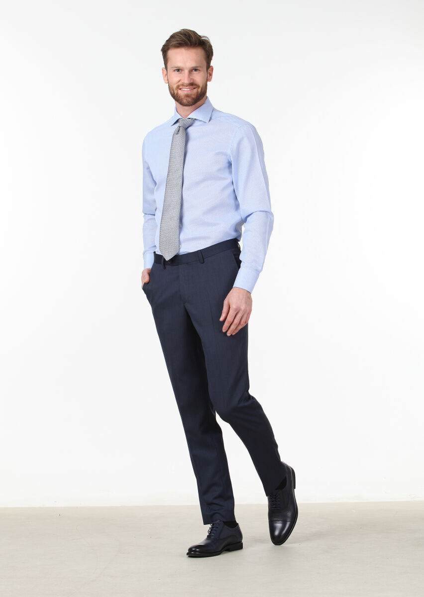 Blue Plain Regular Fit Long Weaving Classical 100% Cotton Shirt - 2