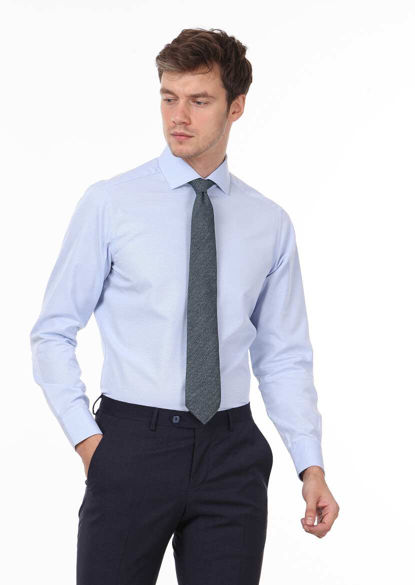 Blue Plain Regular Fit Long Weaving Classical 100% Cotton Shirt - 1