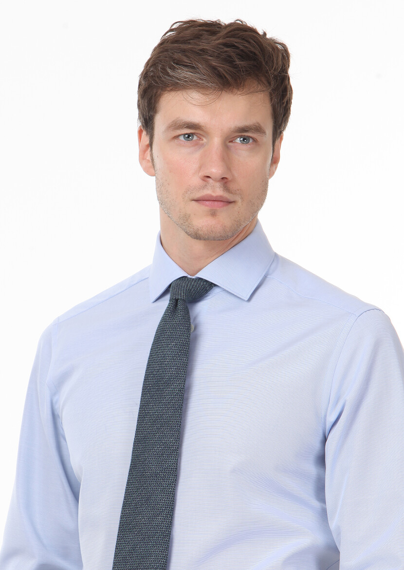 Blue Plain Regular Fit Long Weaving Classical 100% Cotton Shirt - 2