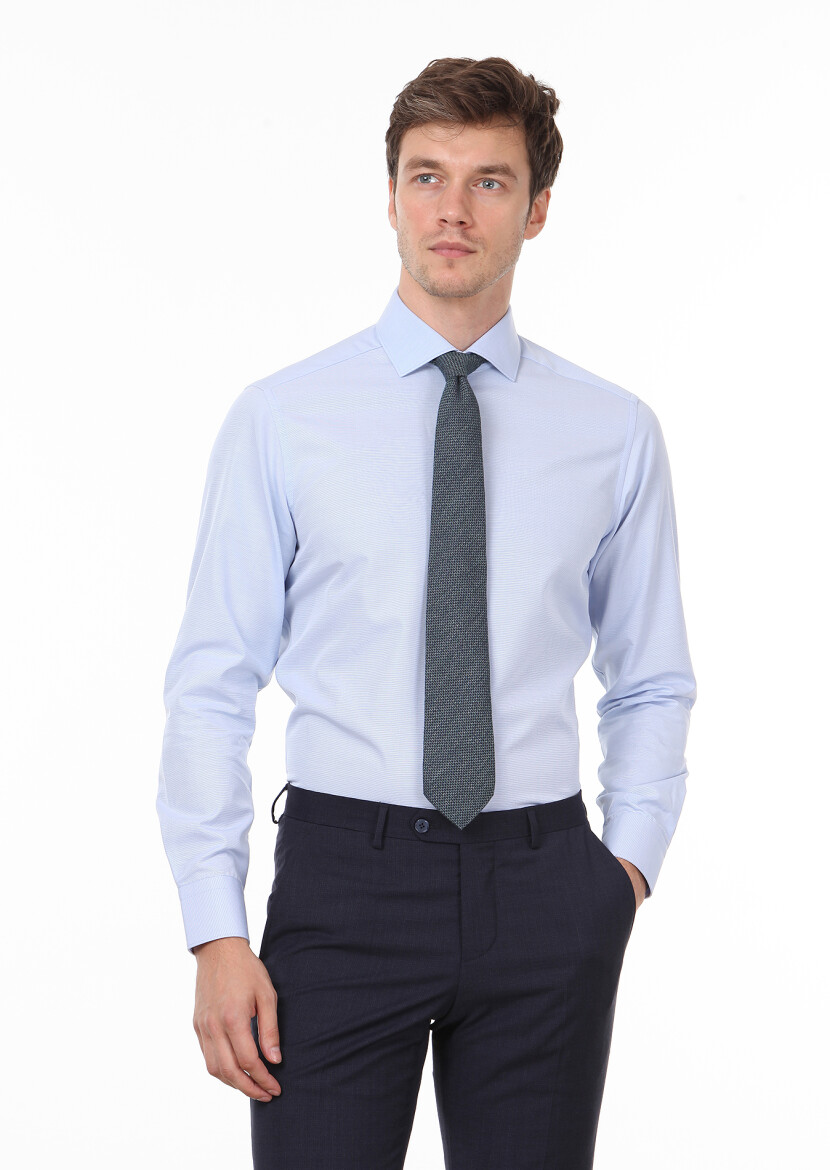 Blue Plain Regular Fit Long Weaving Classical 100% Cotton Shirt - 3