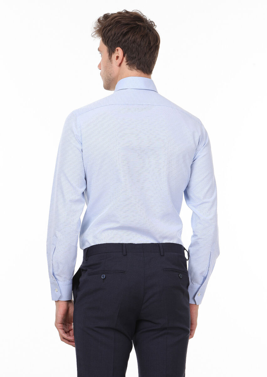 Blue Plain Regular Fit Long Weaving Classical 100% Cotton Shirt - 4