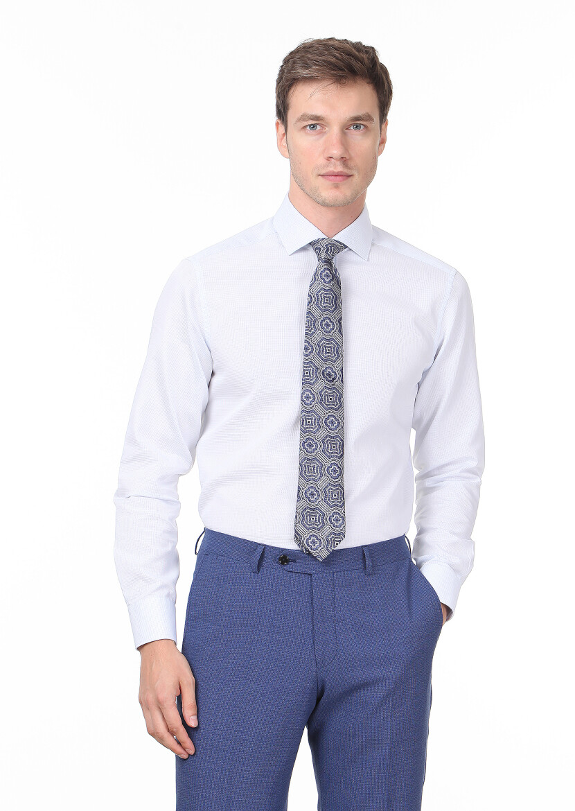 Blue Plain Regular Fit Long Weaving Classical 100% Cotton Shirt - 1