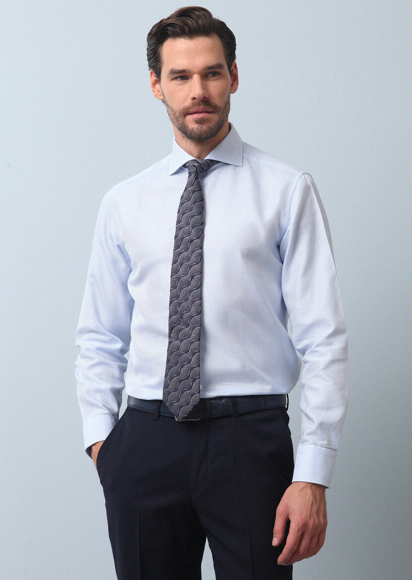 Blue Plain Regular Fit Long Weaving Classical 100% Cotton Shirt - 1