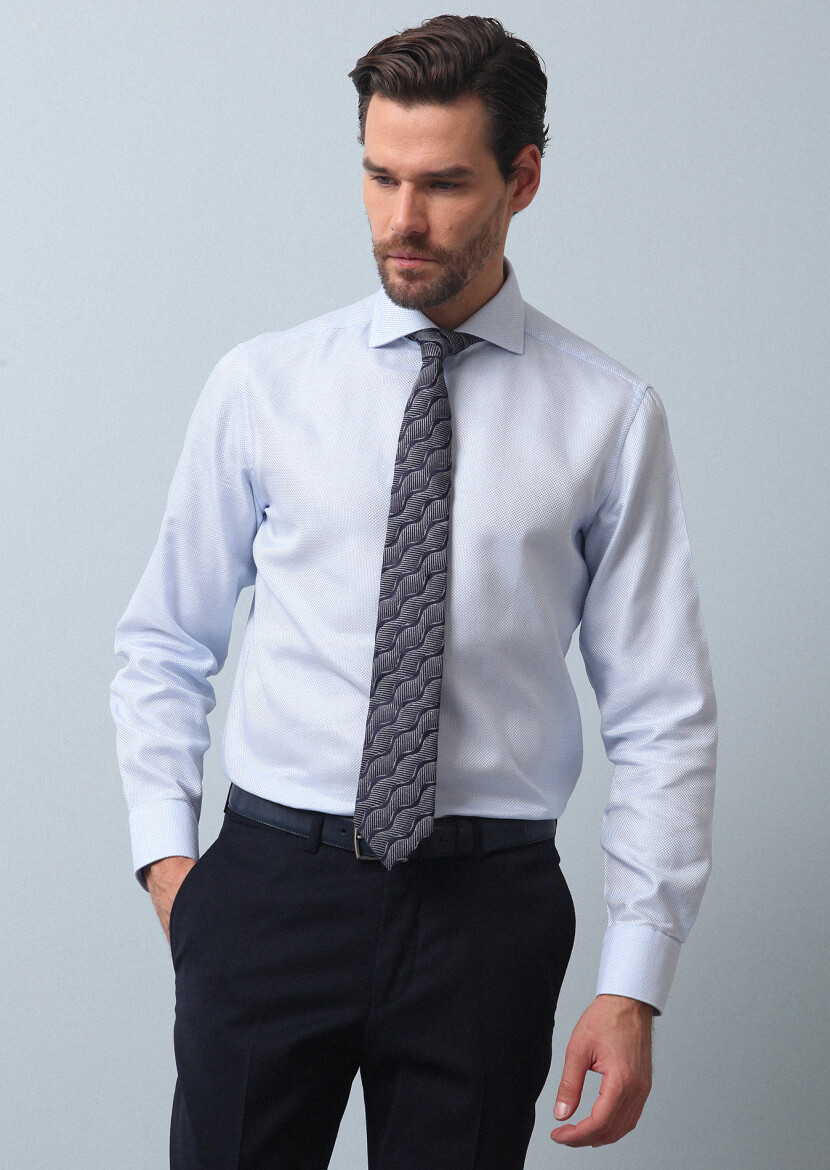 Blue Plain Regular Fit Long Weaving Classical 100% Cotton Shirt - 3