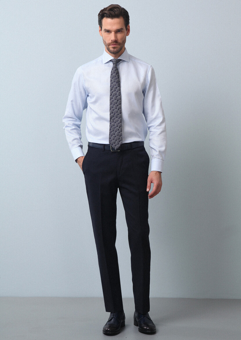 Blue Plain Regular Fit Long Weaving Classical 100% Cotton Shirt - 4